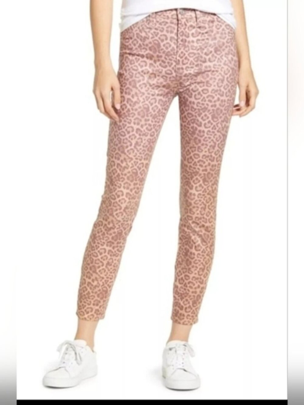 7 For All Mankind SZ 27 Pink Coated Leopard Print High Waist Skinny Ankle Jeans